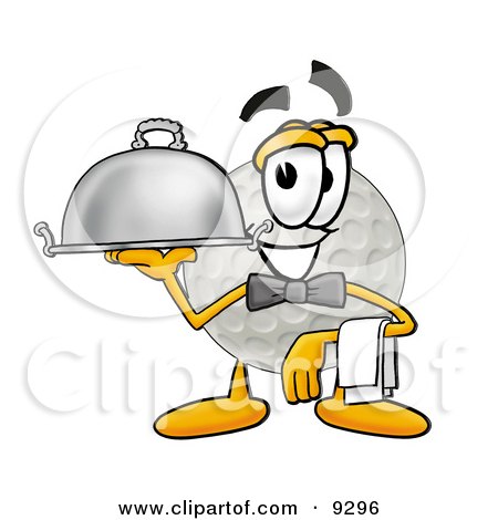 Clipart Picture of a Golf Ball Mascot Cartoon Character Dressed as a Waiter and Holding a Serving Platter by Mascot Junction