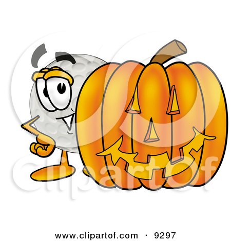 Clipart Picture of a Golf Ball Mascot Cartoon Character With a Carved Halloween Pumpkin by Mascot Junction