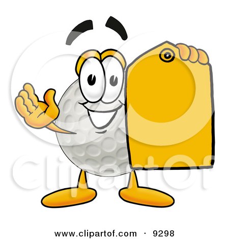 Clipart Picture of a Golf Ball Mascot Cartoon Character Holding a Yellow Sales Price Tag by Mascot Junction