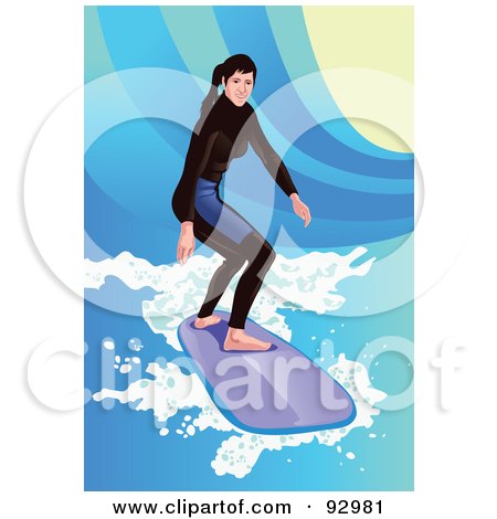 Royalty-Free (RF) Clipart Illustration of a Surfing Woman In A Wetsuit by mayawizard101