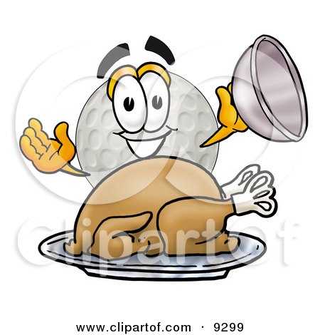 Clipart Picture of a Golf Ball Mascot Cartoon Character Serving a Thanksgiving Turkey on a Platter by Mascot Junction