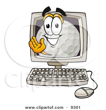Clipart Picture of a Golf Ball Mascot Cartoon Character Waving From Inside a Computer Screen by Mascot Junction