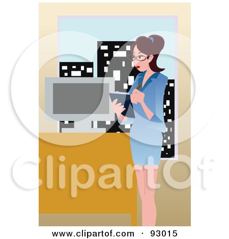 Royalty-Free (RF) Clipart Illustration of a Business Woman Writing Notes In An Urban Office by mayawizard101
