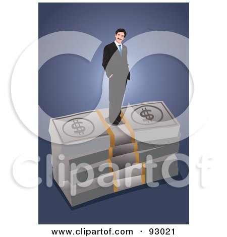 Royalty-Free (RF) Clipart Illustration of a Business Man On Top Of Bundled Money by mayawizard101