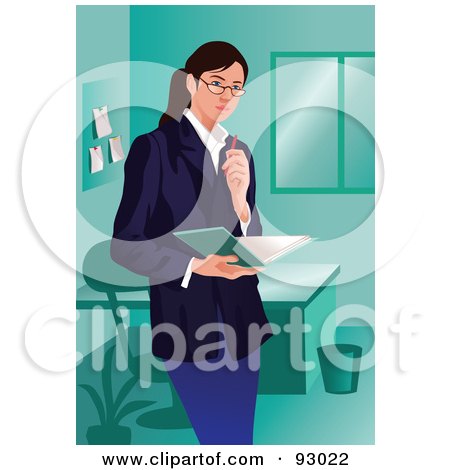 Royalty-Free (RF) Clipart Illustration of a Business Woman Holding A Book And Standing In An Office by mayawizard101
