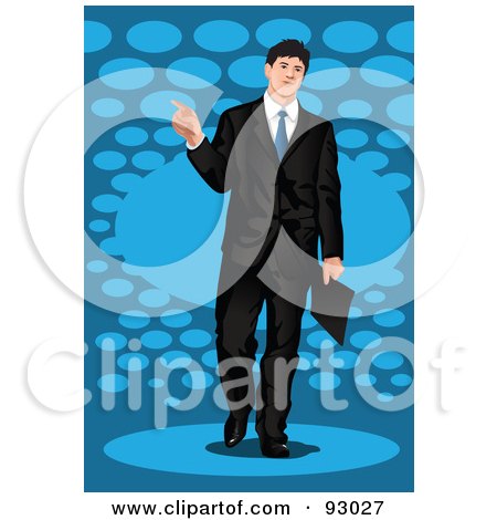 Royalty-Free (RF) Clipart Illustration of a Business Man Pointing Over Blue by mayawizard101