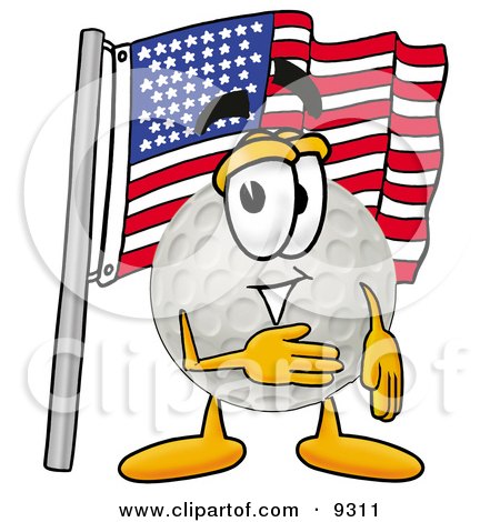 Clipart Picture of a Golf Ball Mascot Cartoon Character Pledging Allegiance to an American Flag by Mascot Junction