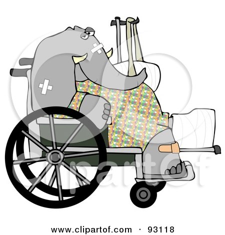 Royalty-Free (RF) Clipart Illustration of an Injured Elephant Recovering In A Hospital, Sitting In A Wheelchair With A Sling And Cast by djart