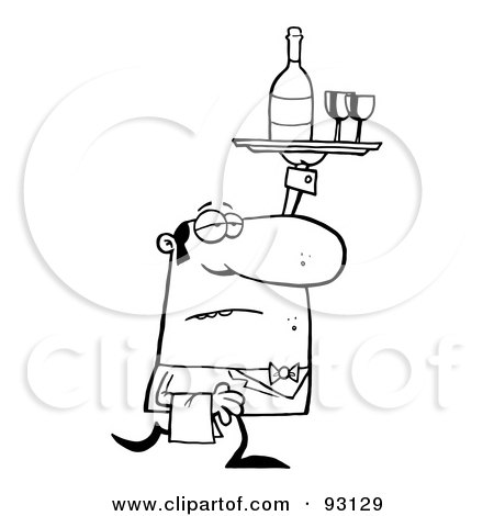 Royalty-Free (RF) Clipart Illustration of an Outlined Waiter Carrying A Tray With Wine by Hit Toon