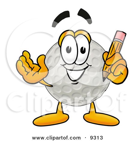 Clipart Picture of a Golf Ball Mascot Cartoon Character Holding a Pencil by Mascot Junction