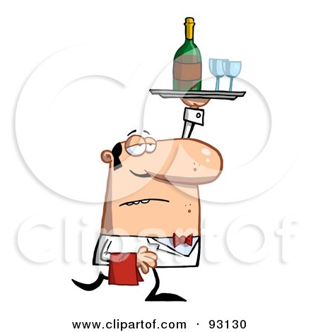 Royalty-Free (RF) Clipart Illustration of a Serving Waiter Carrying A Tray With Wine by Hit Toon