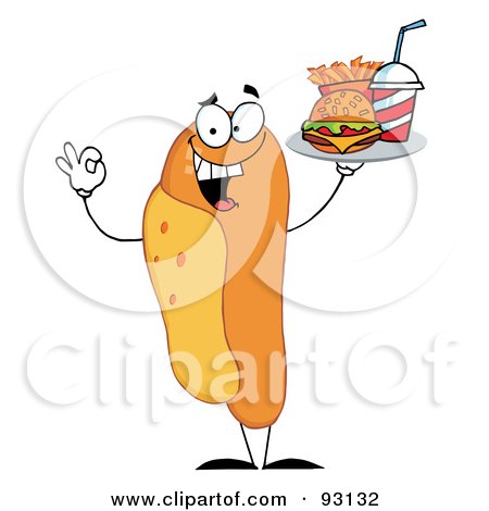 Royalty-Free (RF) Clipart Illustration of a Hot Dog Character Holding Fast Food On A Tray by Hit Toon