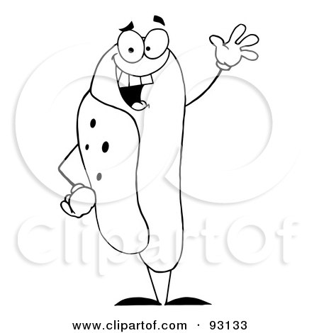Royalty-Free (RF) Clipart Illustration of an Outlined Hot Dog Character Waving by Hit Toon