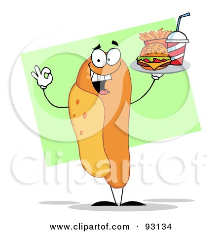 Royalty-Free (RF) Clipart Illustration of a Hot Dog Character Serving Fast Food On A Tray by Hit Toon