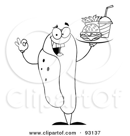 Royalty-Free (RF) Clipart Illustration of an Outlined Hot Dog Character Holding Fast Food On A Tray by Hit Toon