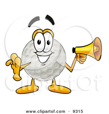 Clipart Picture of a Golf Ball Mascot Cartoon Character Holding a Megaphone by Mascot Junction