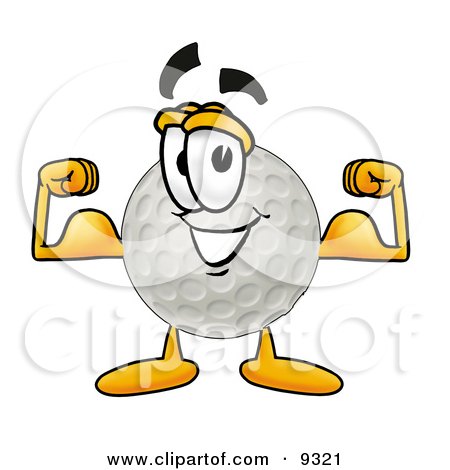 Clipart Picture of a Golf Ball Mascot Cartoon Character Flexing His Arm Muscles by Mascot Junction