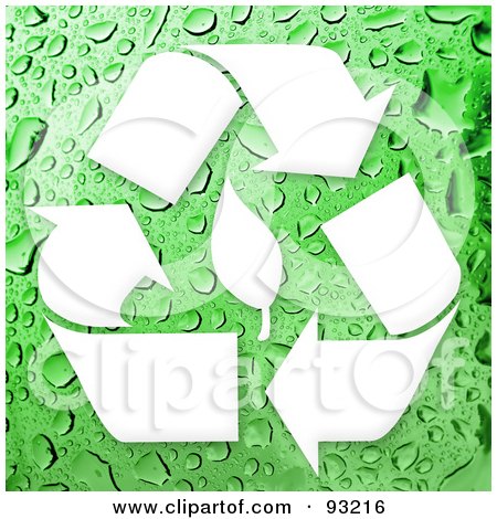 Royalty-Free (RF) Clipart Illustration of a White Recycling Symbol And Leaf On A Wet Green Background by Arena Creative