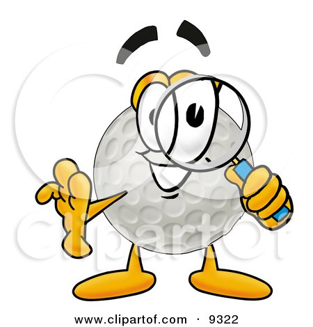 Clipart Picture of a Golf Ball Mascot Cartoon Character Looking Through a Magnifying Glass by Mascot Junction