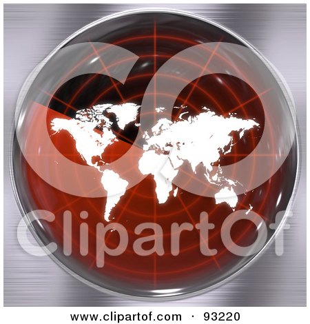 Royalty-Free (RF) Clipart Illustration of a Round RedRadar Screen With A World Map, Over Brushed Metal by Arena Creative