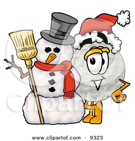 Clipart Picture of a Golf Ball Mascot Cartoon Character With a Snowman on Christmas by Mascot Junction
