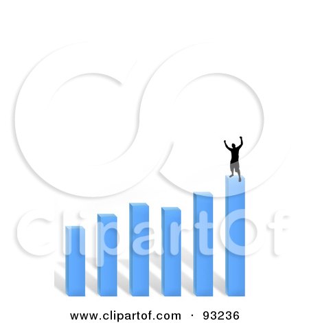 Royalty-Free (RF) Clipart Illustration of a Black Successful Silhouetted Man On Top Of A Blue Bar Graph by Arena Creative