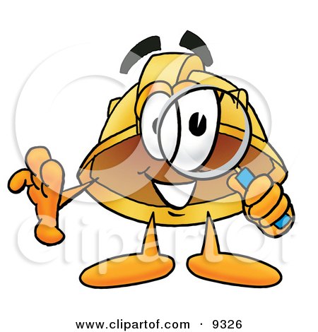 Clipart Picture of a Hard Hat Mascot Cartoon Character Looking Through a Magnifying Glass by Mascot Junction