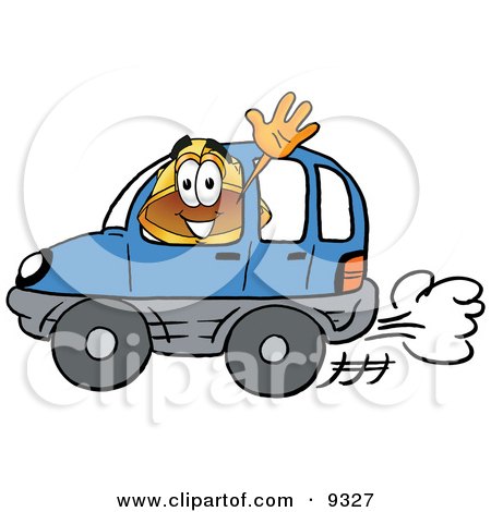 Clipart Picture of a Hard Hat Mascot Cartoon Character Driving a Blue Car and Waving by Mascot Junction