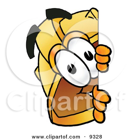 Clipart Picture of a Hard Hat Mascot Cartoon Character Peeking Around a Corner by Mascot Junction