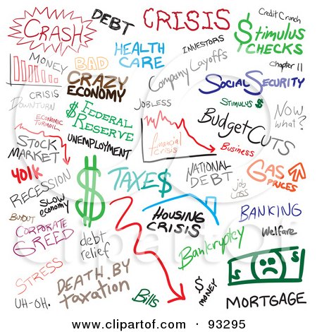 Royalty-Free (RF) Clipart Illustration of a Digital Collage Of Economy Doodles On White by Arena Creative