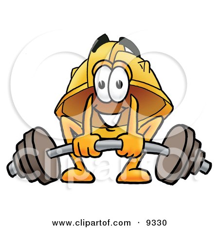Clipart Picture of a Hard Hat Mascot Cartoon Character Lifting a Heavy Barbell by Mascot Junction