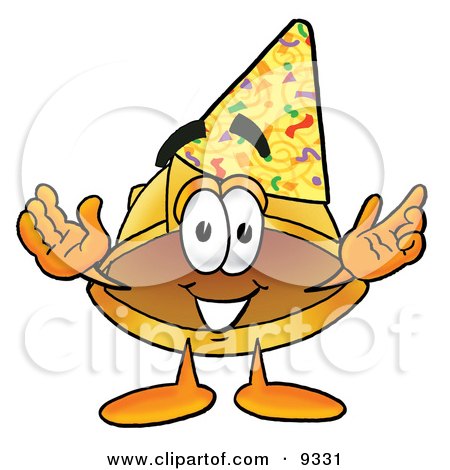 Clipart Picture of a Hard Hat Mascot Cartoon Character Wearing a Birthday Party Hat by Mascot Junction
