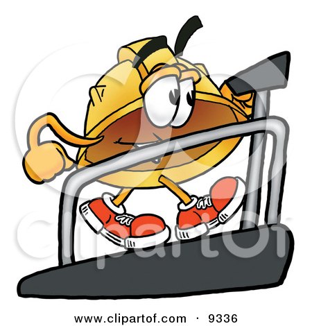 Clipart Picture of a Hard Hat Mascot Cartoon Character Walking on a Treadmill in a Fitness Gym by Mascot Junction