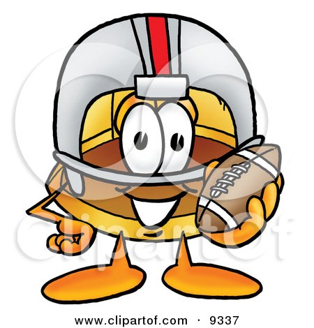 Clipart Picture of a Hard Hat Mascot Cartoon Character in a Helmet, Holding a Football by Mascot Junction
