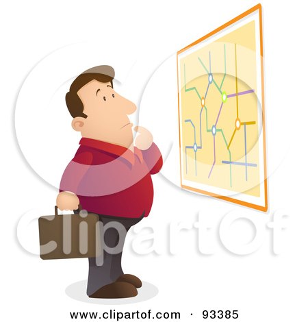 Royalty-Free (RF) Clipart Illustration of a Lost And Confused Businessman Reading A Map On A Wall by Qiun