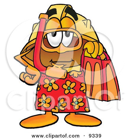 Clipart Picture of a Hard Hat Mascot Cartoon Character in Orange and Red Snorkel Gear by Mascot Junction