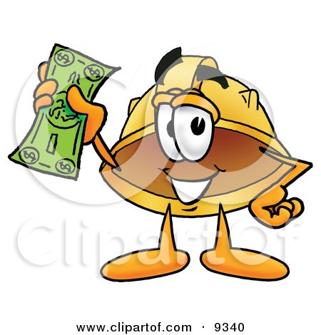 Clipart Picture of a Hard Hat Mascot Cartoon Character Holding a Dollar Bill by Mascot Junction
