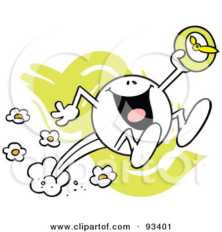 Royalty-Free (RF) Clipart Illustration of a Moodie Character With A Daylight Saving Clock And Jumping Forward by Johnny Sajem
