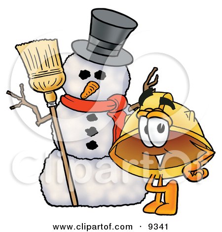 Clipart Picture of a Hard Hat Mascot Cartoon Character With a Snowman on Christmas by Mascot Junction