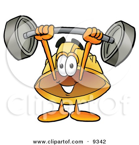 Clipart Picture of a Hard Hat Mascot Cartoon Character Holding a Heavy Barbell Above His Head by Mascot Junction