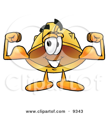 Clipart Picture of a Hard Hat Mascot Cartoon Character Flexing His Arm Muscles by Mascot Junction