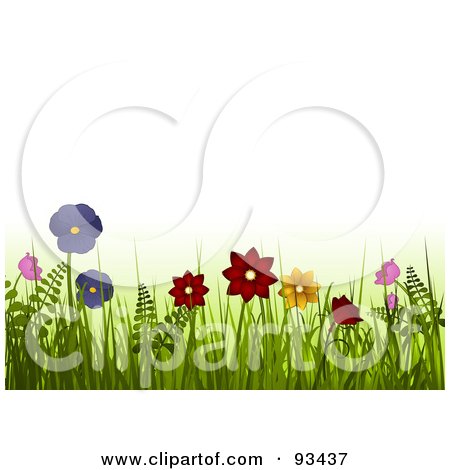 Royalty-Free (RF) Clipart Illustration of Spring Flowers In Tall Grass And Ferns, Over White by elaineitalia