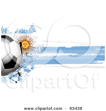 Royalty-Free (RF) Clipart Illustration of a Shiny Soccer Ball Over A Grungy Halftone Argentinian Flag by elaineitalia