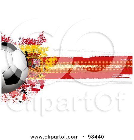 Royalty-Free (RF) Clipart Illustration of a Shiny Soccer Ball Over A Grungy Halftone Spanish Flag by elaineitalia