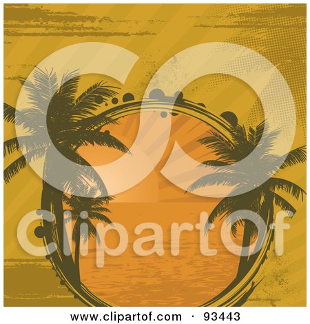 Royalty-Free (RF) Clipart Illustration of a Grungy Tropical Sunset Circle With Palm Trees by elaineitalia