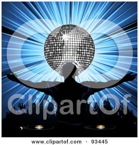 Royalty-Free (RF) Clipart Illustration of a Dj Wearing Headphones Under A Silver Disco Ball, A Crowd Dancing On Blue by elaineitalia