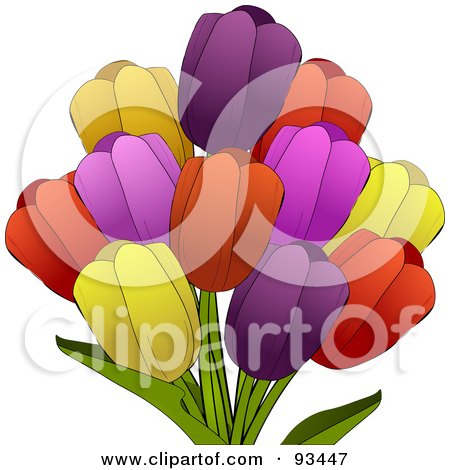 Royalty-Free (RF) Clipart Illustration of a Colorful Bunch Of Spring Tulip Flowers Over White by elaineitalia