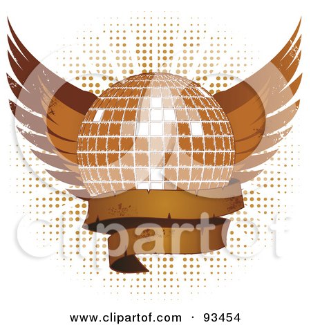 Royalty-Free (RF) Clipart Illustration of a Brown Grungy Disco Ball With Wings And A Blank Banner Over Halftone On White by elaineitalia
