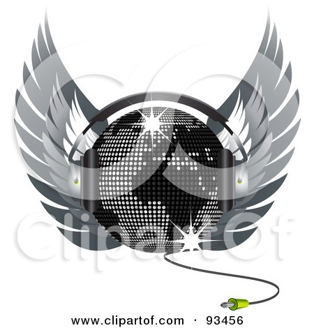 Royalty-Free (RF) Clipart Illustration of a Map Disco Ball With Headphones And Wings by elaineitalia