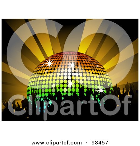 Royalty-Free (RF) Clipart Illustration of a Silhouetted Crowd Dancing By A Rainbow Disco Ball Under Orange Lights by elaineitalia